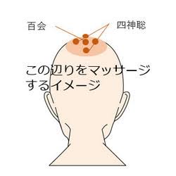 百会（ひゃくえ）：頭のてっぺんです。鼻と左右の耳から頭の頂点で交わる箇所
 ペコと凹んでいる所です。
 四神総（ししんそう）：百会から前後左右の指1本分の箇所 